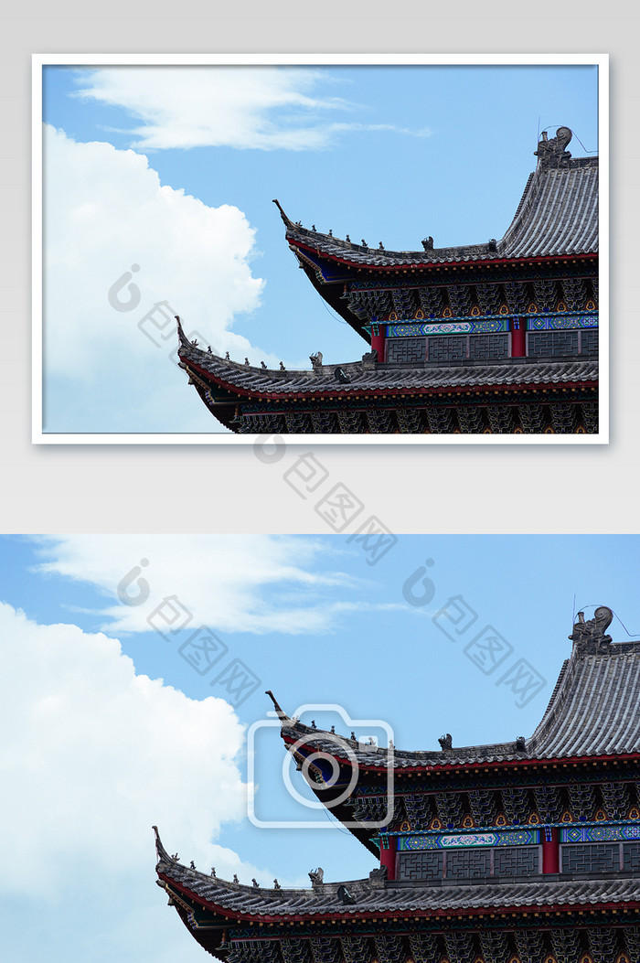 蓝天白云下古寺庙建筑局部特写高清摄影图