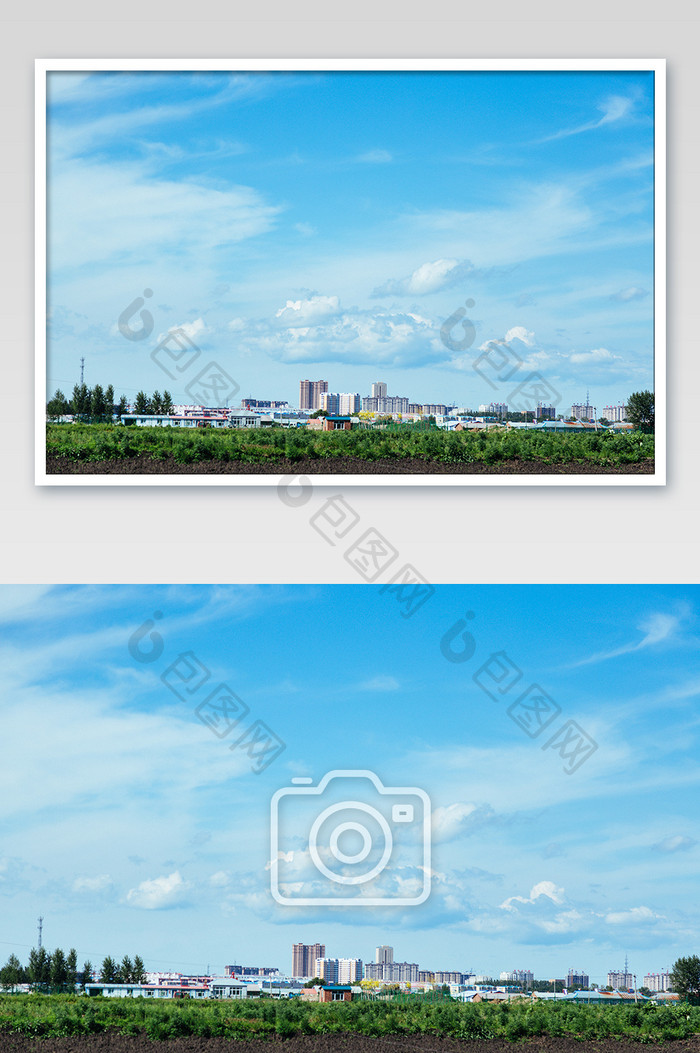 夏季北方小镇清新蓝天白云摄影图