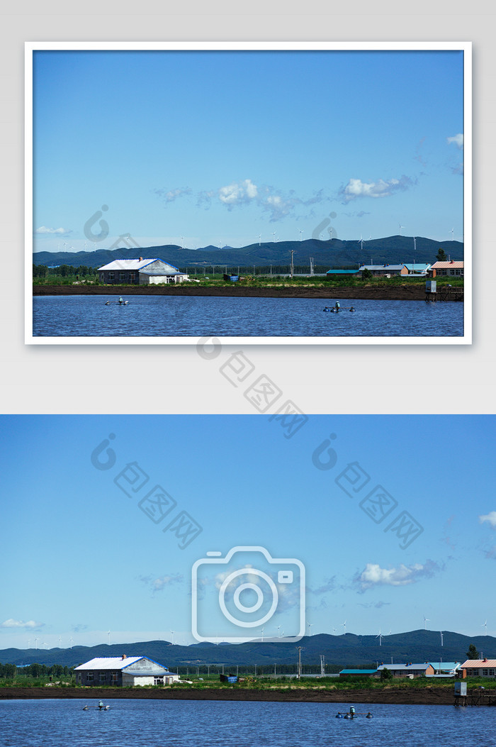 夏日蓝天白云群山环绕乡村高清摄影图