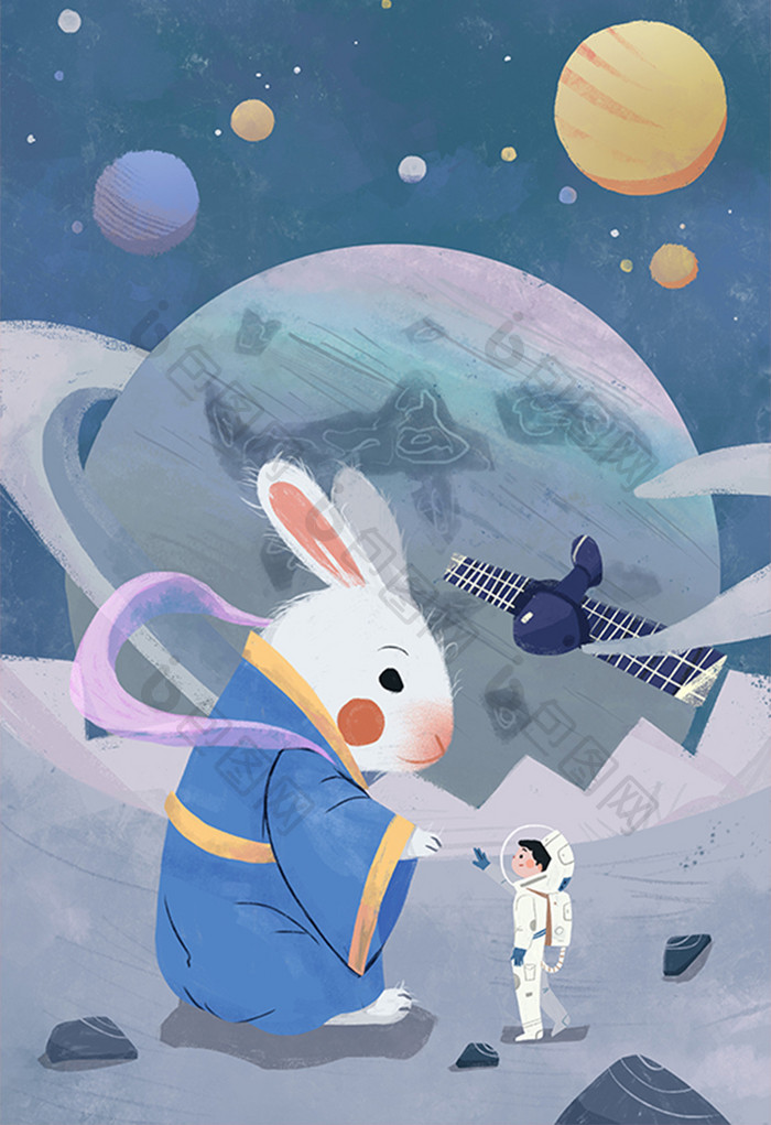 卡通扁平人类月球日登月宇航员玉兔太空插画