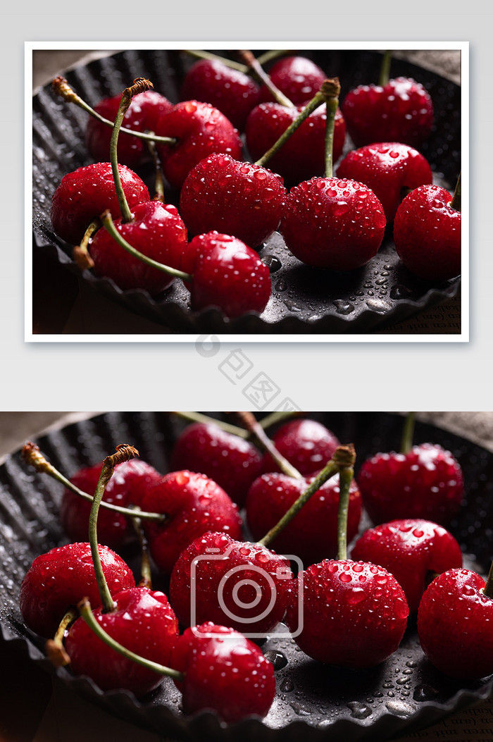 盘子里的新鲜红樱桃水果特写摄影图片
