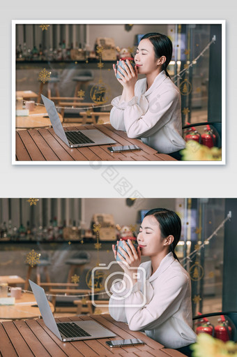 职场女性休闲放松喝咖啡摄影图片