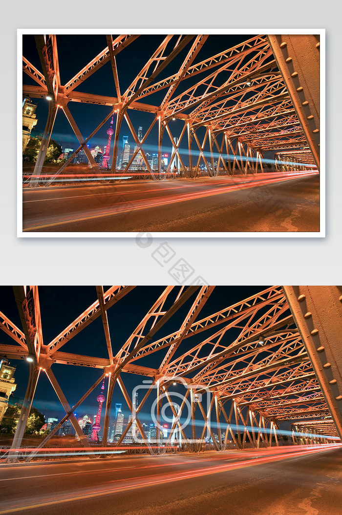 上海外白渡桥夜景车流长曝光摄影图