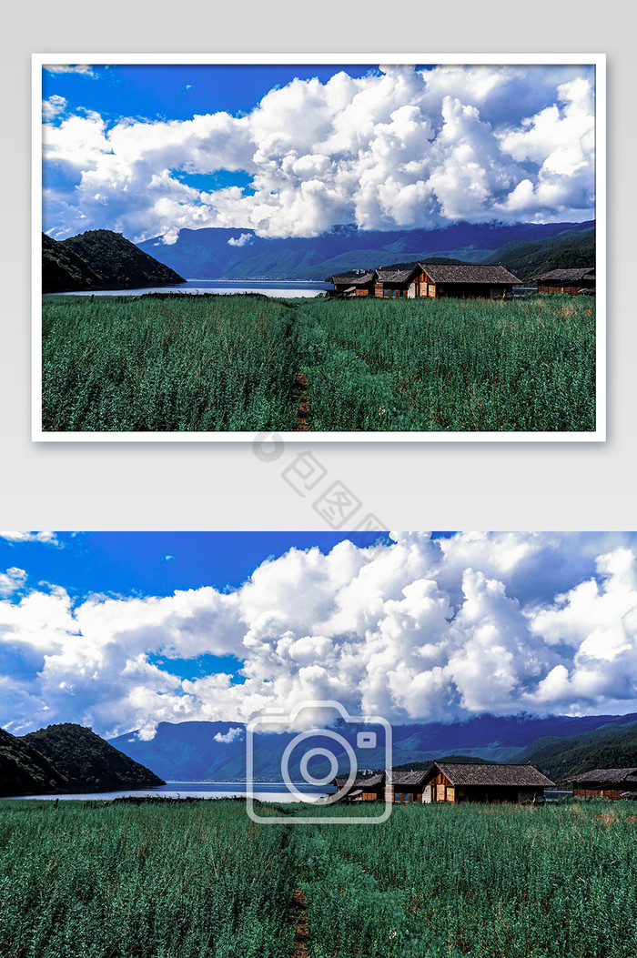 云南丽江泸沽湖摩梭族建筑湖畔风光摄影图图片