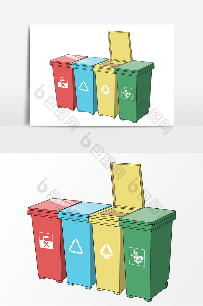 手绘分类彩色垃圾桶卡通