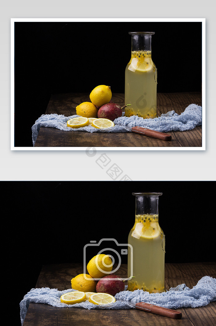 暗调柠檬百香果饮品静物美食摄影图