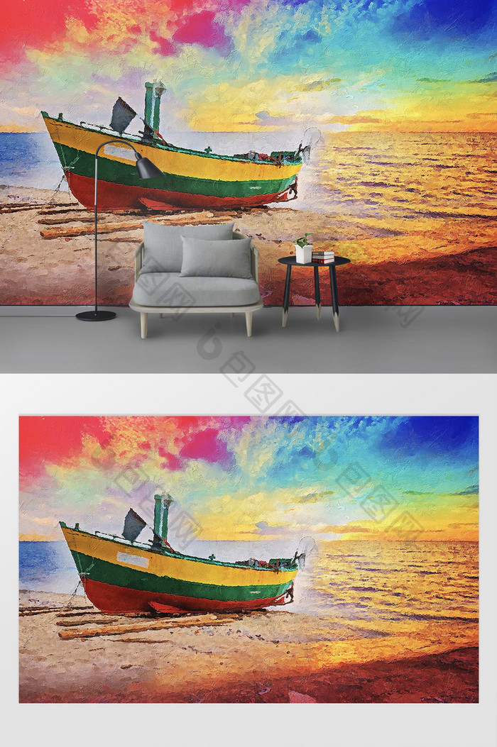 现代七彩帆船沙滩油画背景墙