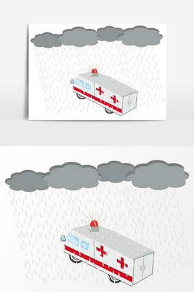 手绘暴风雨下的急救车元素