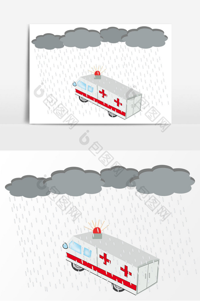 手绘暴风雨下的急救车元素