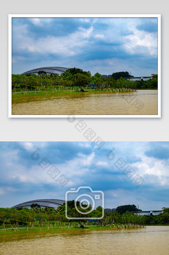 校园环境学校湖景蓝天白云摄影图