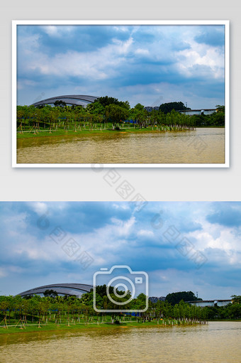 校园环境学校湖景蓝天白云摄影图图片