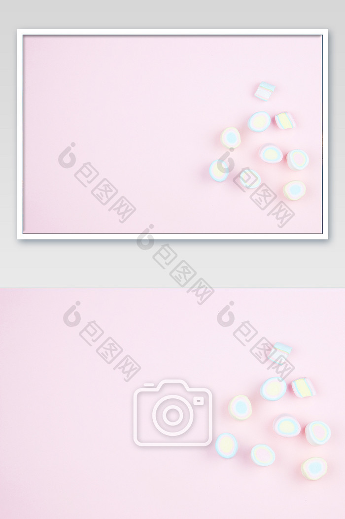 马卡龙色系棉花糖散落粉色背景素材摄影图片
