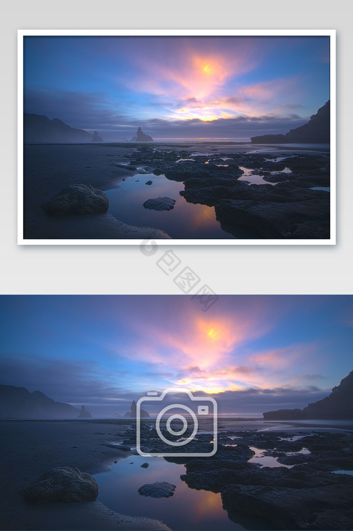 新西兰南岛星海岩沙滩日落摄影图片