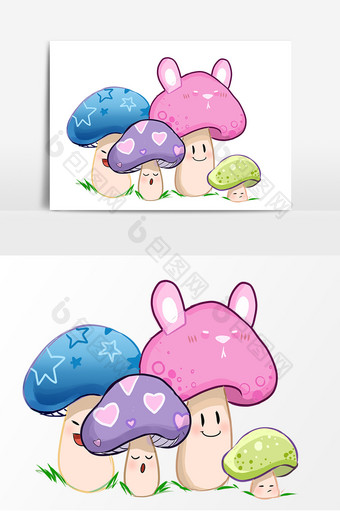 手绘彩色可爱蘑菇卡通形象图片