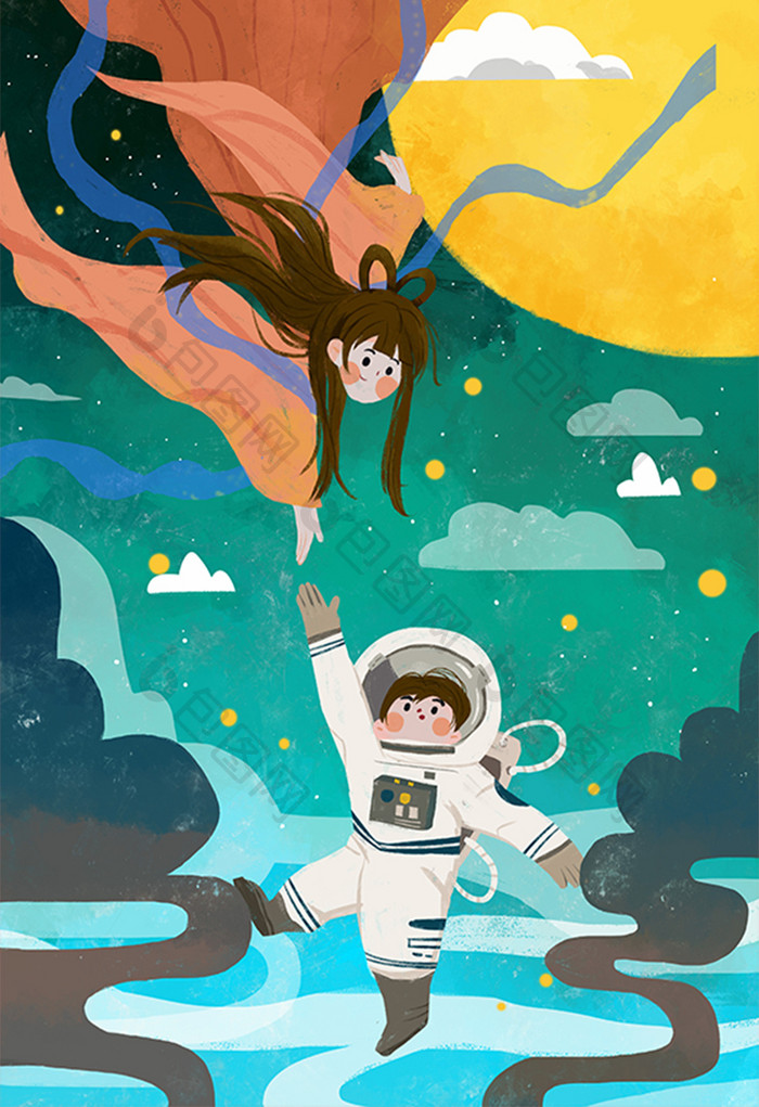 卡通扁平人类月球日嫦娥神话宇航员登月插画