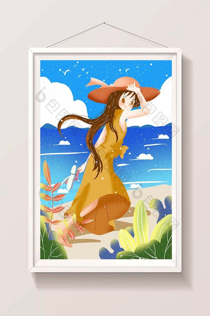 夏日海边长裙女孩旅游晒太阳插画