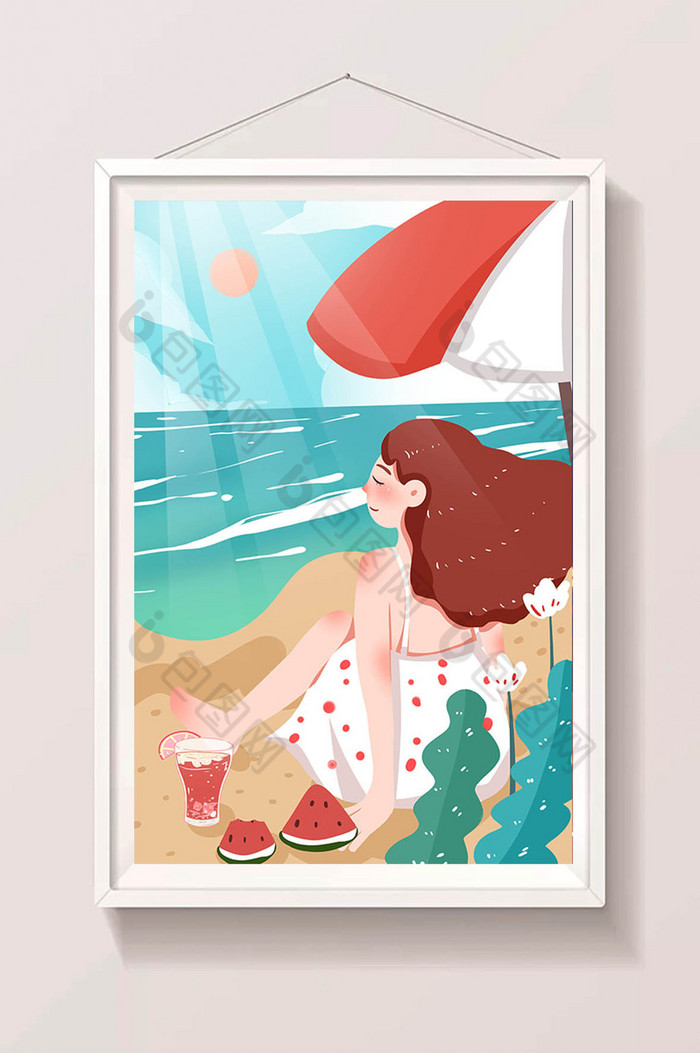 清凉海边沙滩女孩吃西瓜插画图片图片