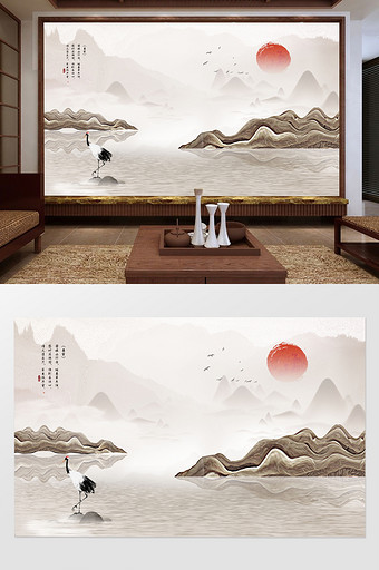 禅意中式水墨山水背景墙图片