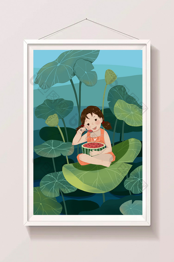 24节气处暑夏天夏日池塘少女吃西瓜插画图片图片
