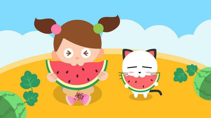 夏天女孩和猫咪在地里吃西瓜动图