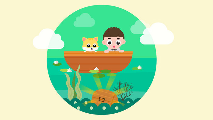 夏日午后小男孩和小猫乘船发现湖里有宝箱动