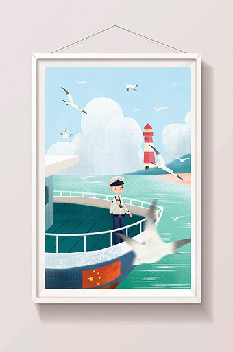 卡通扁平中国航海日航海家大海插画图片