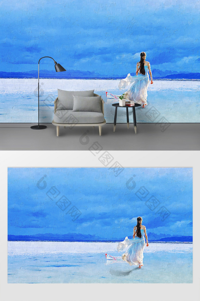 现代海滩美女油画背景墙