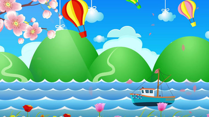 卡通海面小船花朵背景