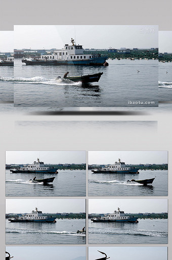 清晨海洋养殖区的舢板和巡游艇图片