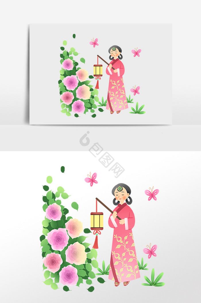 中元节鬼节打灯笼女孩插画图片