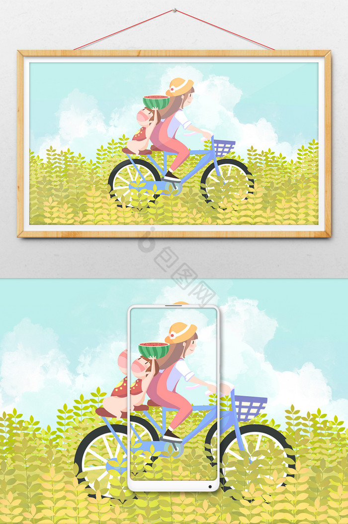 立秋母女郊游骑自行车插画图片