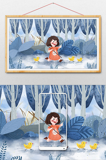 蓝色清新可爱森林探险儿童插画图片
