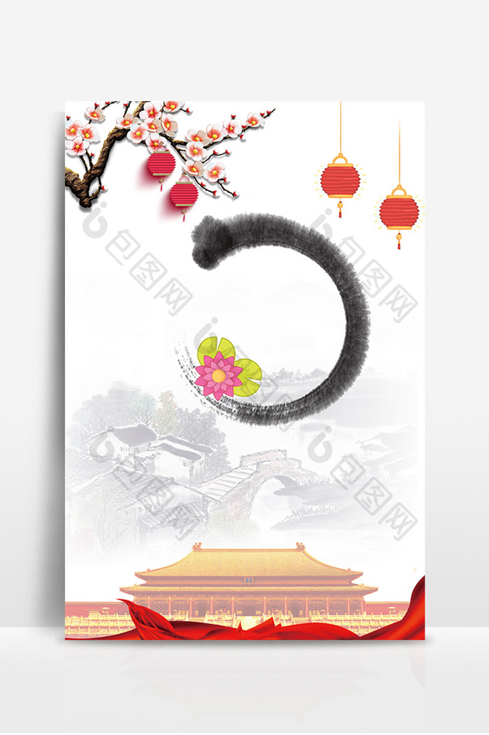 中国风水墨古风建筑灯笼海报背景