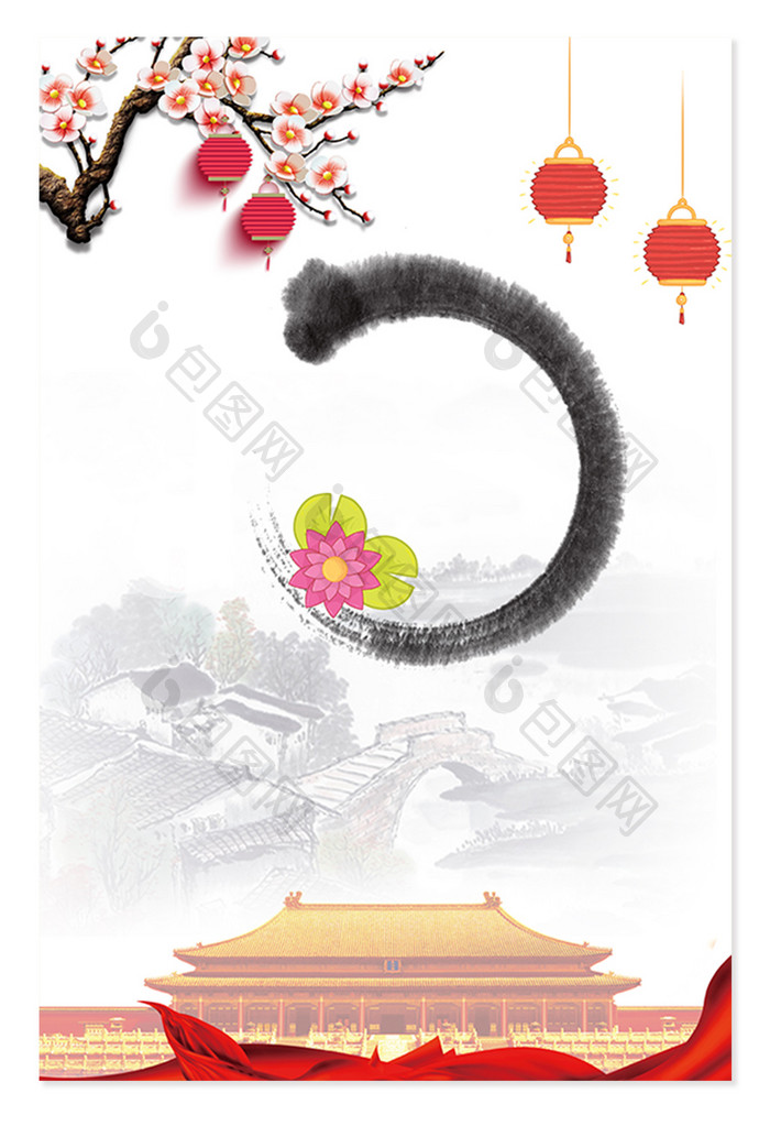 中国风水墨古风建筑灯笼海报背景