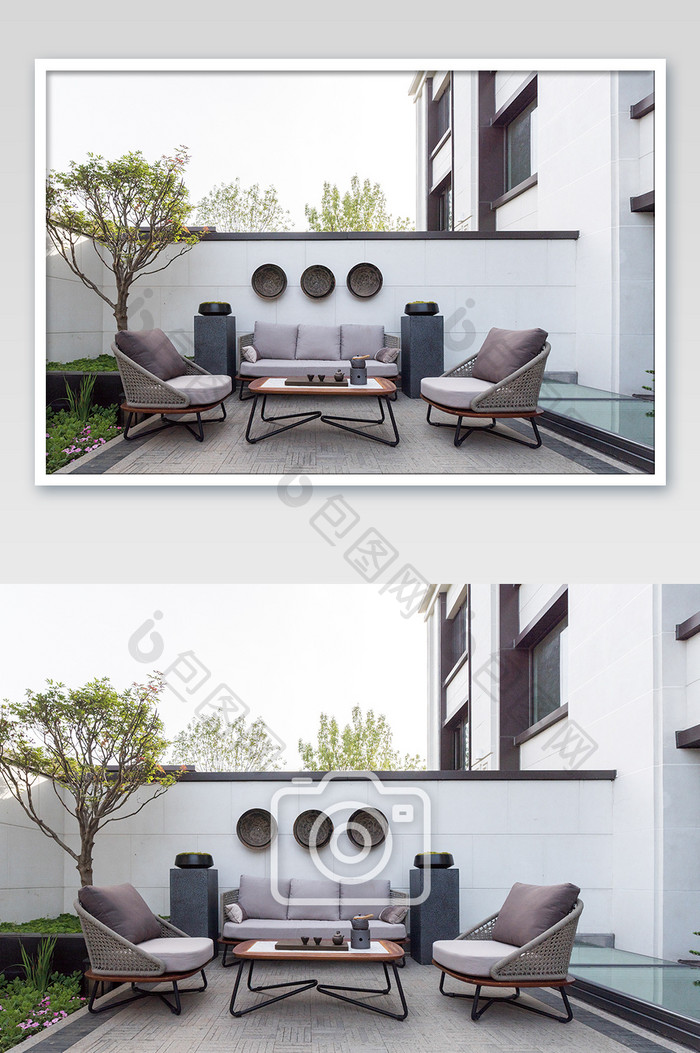 新中式淡雅简约的别墅庭院摄影图