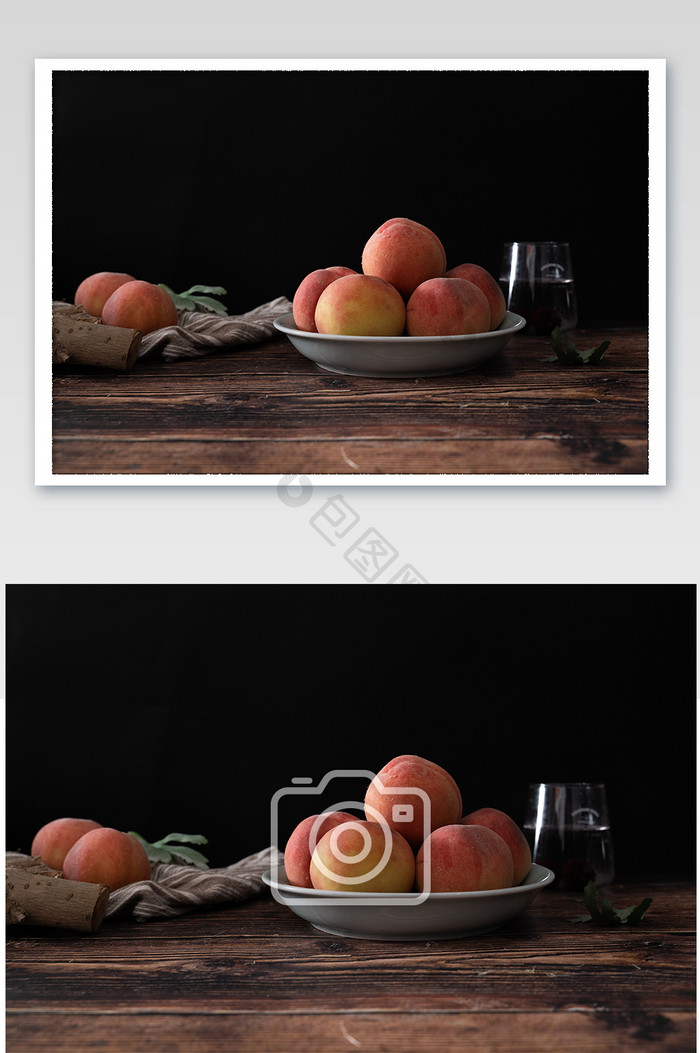 水蜜桃诱人营养水果摆拍夏日油画质感摄影图