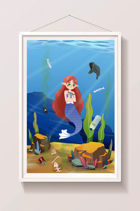 世界环保日海洋保护清理垃圾少女海底插画