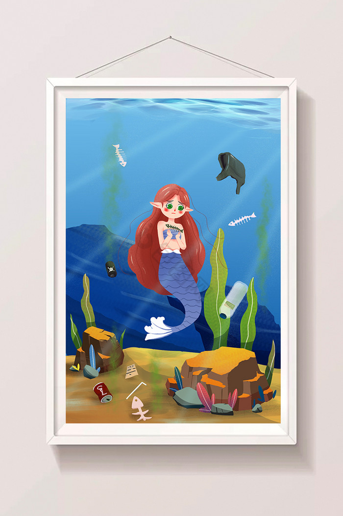 世界环保日海洋保护清理垃圾少女海底插画图片