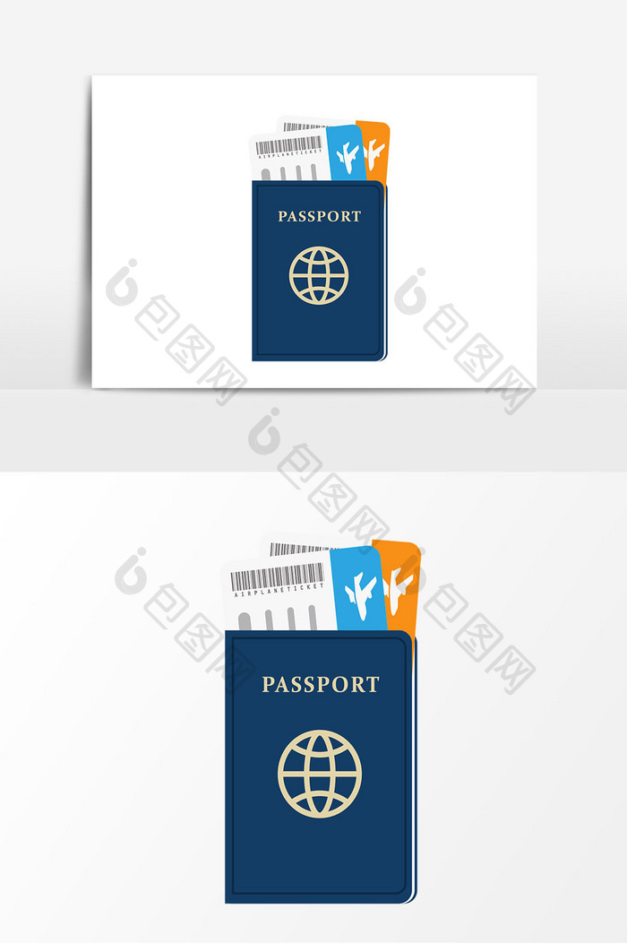 扁平卡通抽象风格飞机票护照组合元素