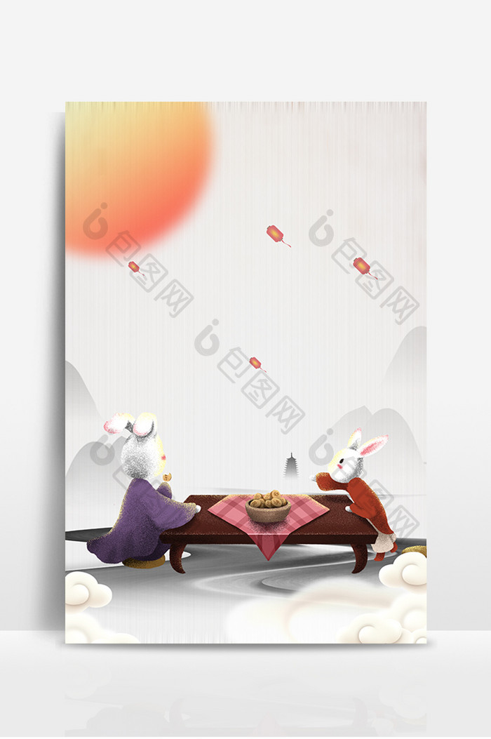 中秋节兔子赏月水墨中国风背景设计