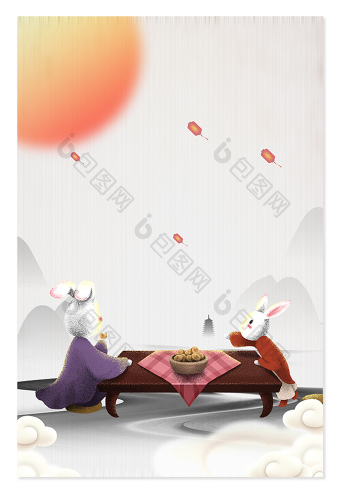 中秋节兔子赏月水墨中国风背景设计