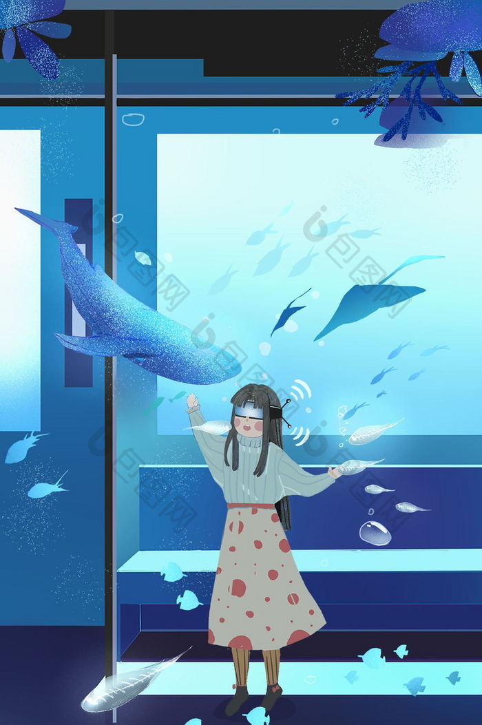 科技VR虚拟海底世界鲸鱼少女卡通gif