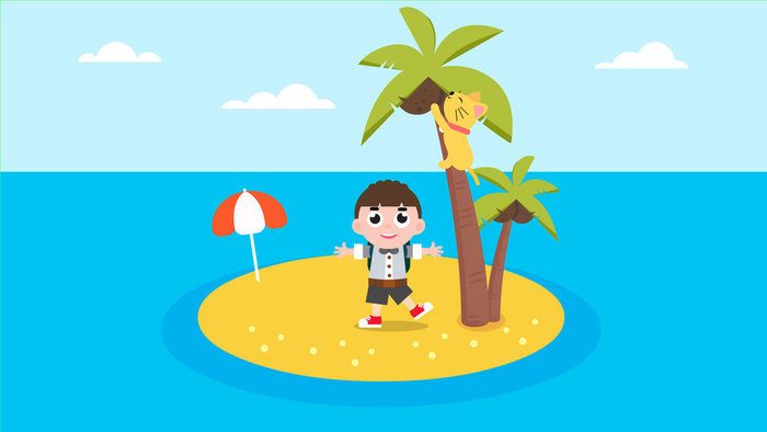 男孩和猫咪海岛上摘椰子动图GIF