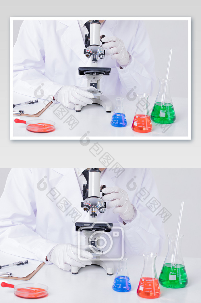 实验人员使用显微镜等仪器摄影图片