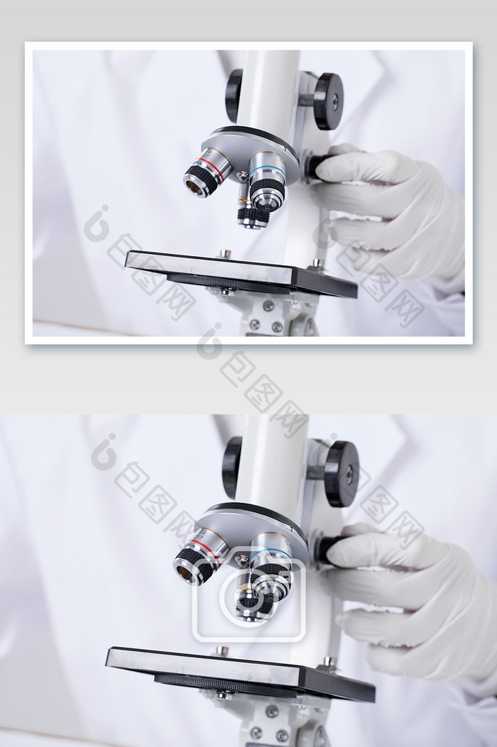 实验人员操作显微镜摄影图片