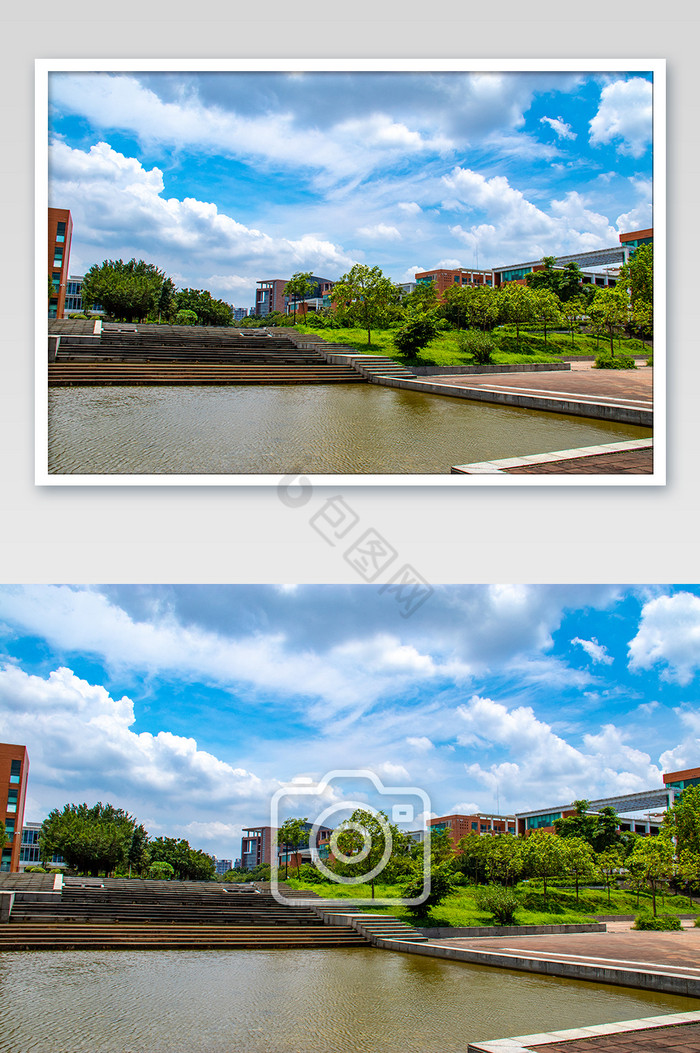 万里晴空重点大学校园湖景摄影图图片