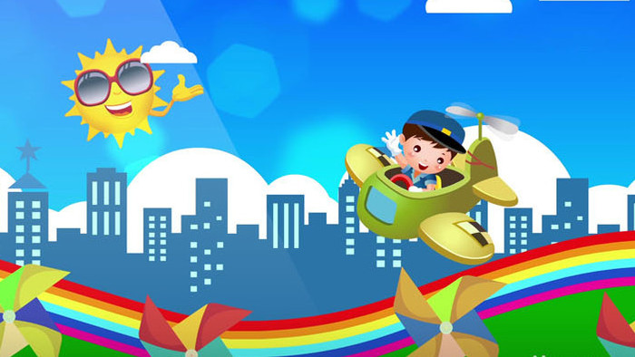 卡通彩虹飞机小孩背景