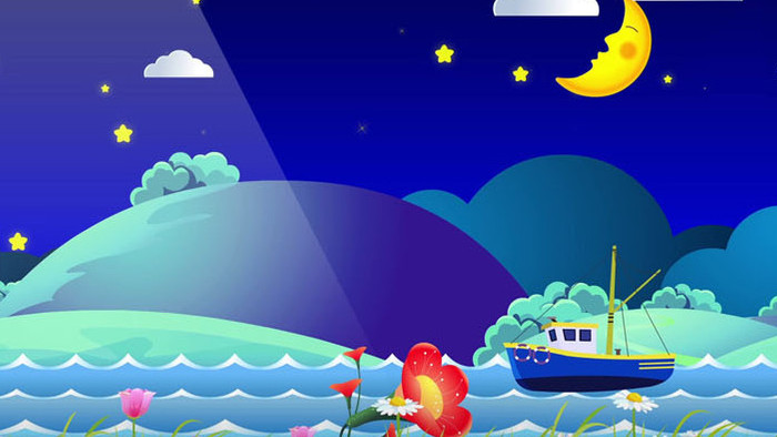 夜晚卡通渔船行驶背景