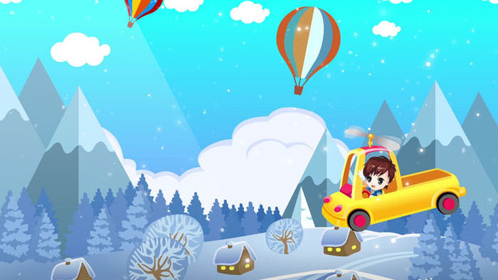 冬天雪景小孩气球飞行背景
