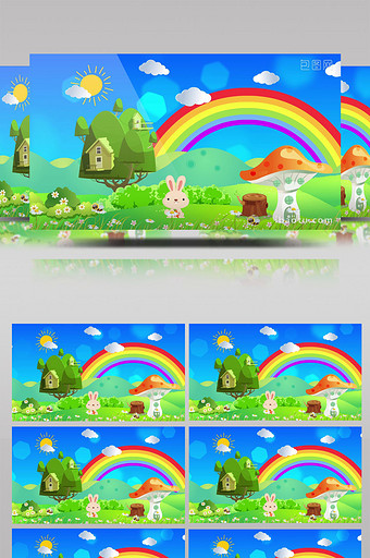 唯美彩虹蘑菇树屋背景图片